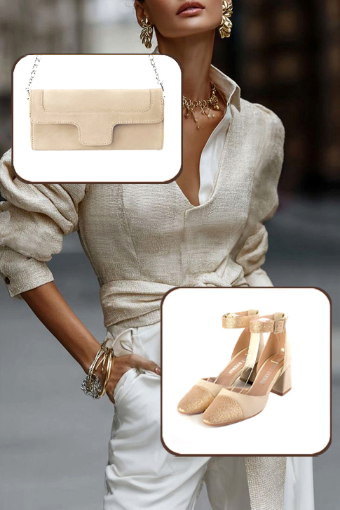 Dress heels closed-back ankle strap in gold and champagne white with medium flare heels and round toe - Worn view